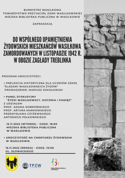 palakat informujący o wydarzeniu, na szary tle informacje, po prawej pomnik pomordowanych w Treblince, u doły logosy organizatorów