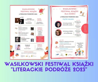 Kolaż plakatów Wasilkowskiego Festiwalu Książki "Literackie podróże 2023""