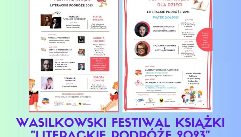 Kolaż plakatów Wasilkowskiego Festiwalu Książki "Literackie podróże 2023""