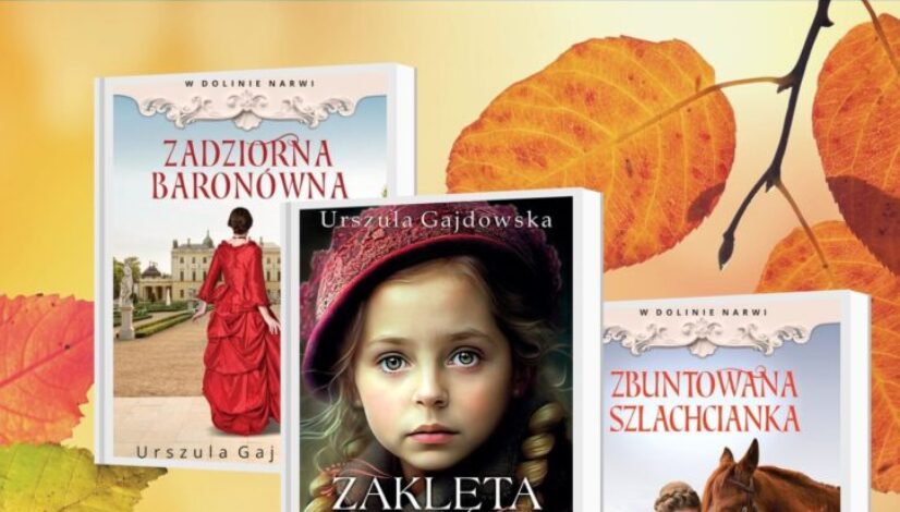 Plakat promujący spotkanie autorskie z Urszulą Gajdowską. Przedstawia trzy oładki książek na tle złotych jesiennych liści.