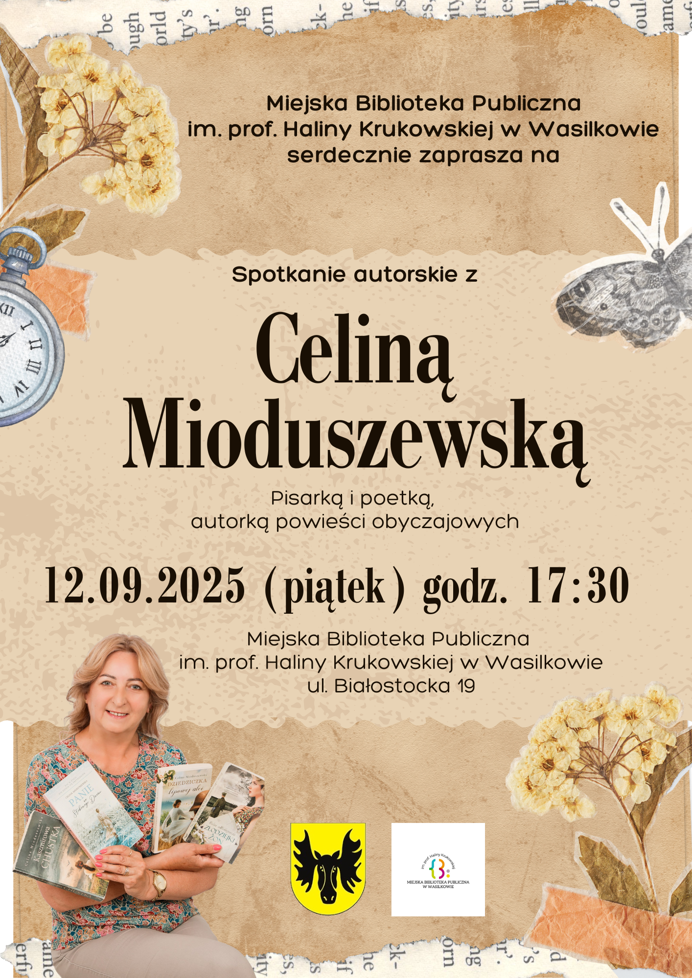 Brown and Beige Vintage Welcome September Poster Może być zdjęciem przedstawiającym 1 osoba i tekst Miejska Biblioteka Publiczna im. prof. Haliny Krukowskiej w Wasilkowie serdecznie zaprasza na Spotkanie autorskie z Celiną Mioduszewską Pisarką i poetką, autorką powieści obyczajowych 12.09.2025 (piątek) godz. 17:30 Miejska Biblioteka Publiczna im. prof. Haliny Krukowskiej w Wasilkowie ul. Białostocka 19