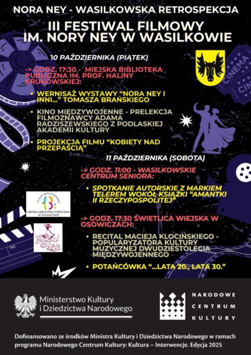 Grafika informująca o programie III Festiwalu Filmowego im. Nory Ney w Wasilkowie